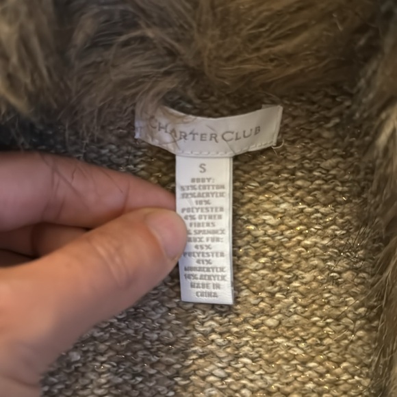 BEAUTIFUL TAN OPEN SWEATER JACKET WITH FAUX FUR COLLAR - Picture 3 of 3